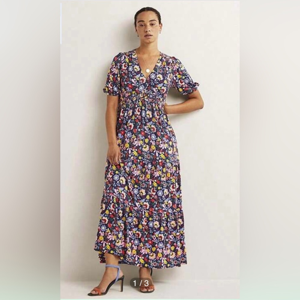 Boden Navy and Pink V-Neck Puff Sleeve Maxi Dress